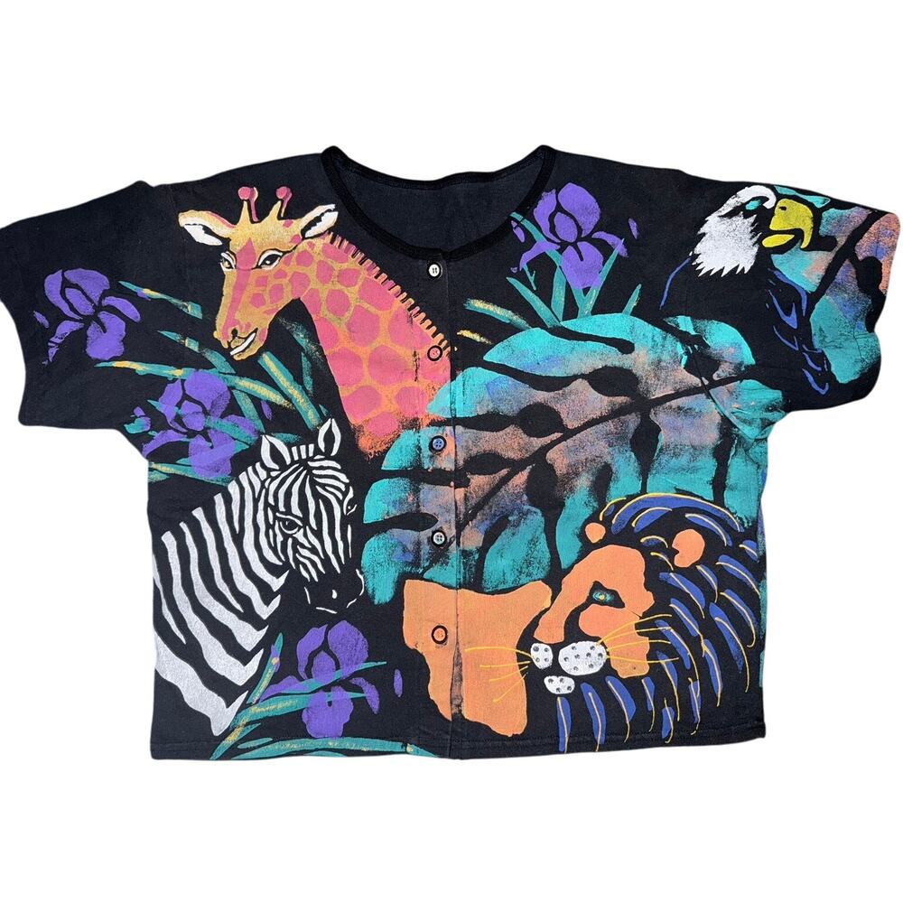 Women's Vintage 90s Hand Painted Animal Safari Button-Up Shirt Double Sided XL